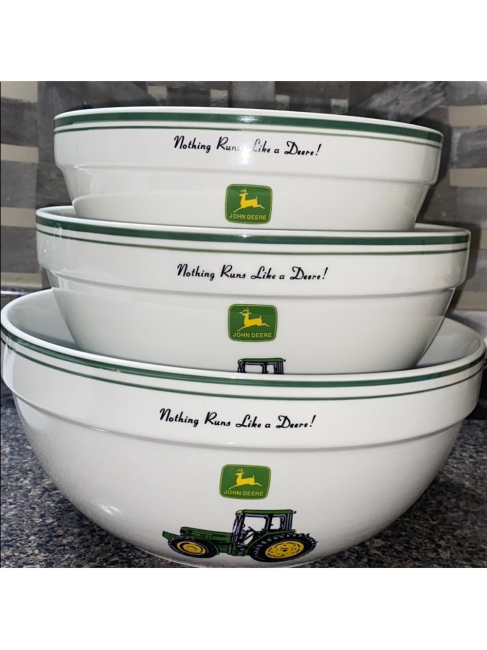 Gibson John Deer Ceramic Mixing Bowls 3 Pc Nesting Bowl Set 8” 9” 10”